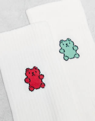 Asos Design 2 Pack Socks With Bear Embroidery In White