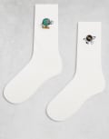 [ASOS DESIGN] ASOS DESIGN 2 pack socks with characters embroidery in white 37-42 WHITE