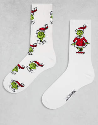 ASOS DESIGN 2 pack socks with Christmas Grinch graphic in white
