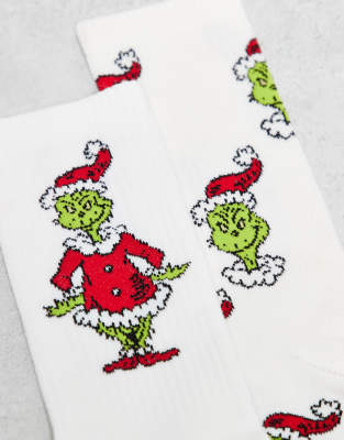 Asos Design 2 Pack Socks With Christmas Grinch Graphic In White