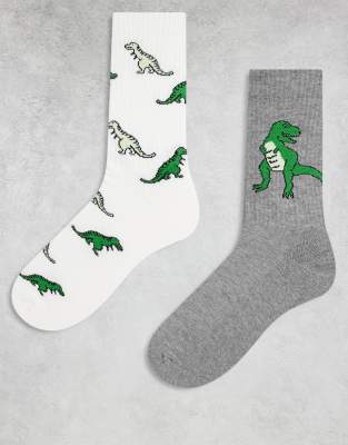 Asos Design 2-pack Socks With Dinosaur Graphic In Gray