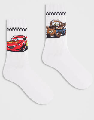Asos Design 2 Pack Socks With Disney Cars Graphics In White