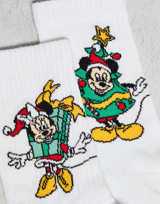 Asos Design 2 Pack Socks With Disney's Christmas Mickey & Minnie Graphics In White