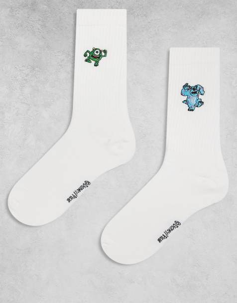 ASOS DESIGN 2 pack socks with Disney's Monster Inc embroidery in white - view 1