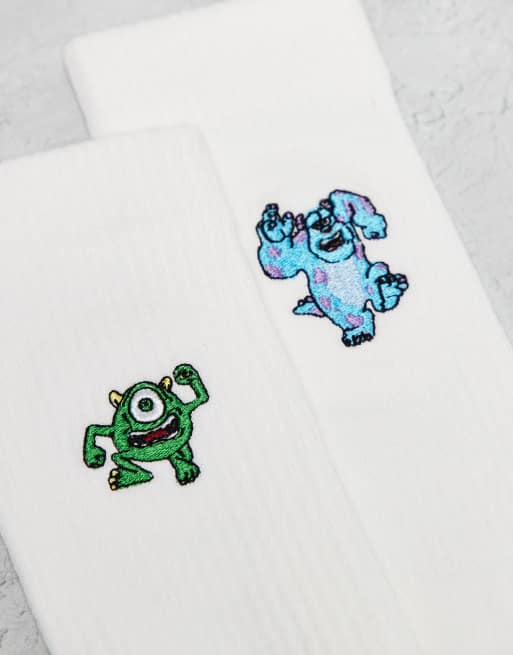ASOS DESIGN 2 pack socks with Disney's Monsters Inc embroidery in white
