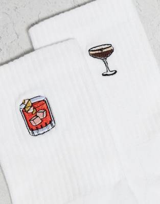Asos Design 2 Pack Socks With Embroidered Cocktails In White