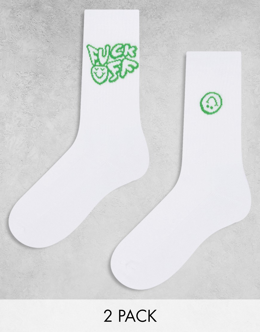 ASOS DESIGN 2 pack socks with fuck off slogan in white