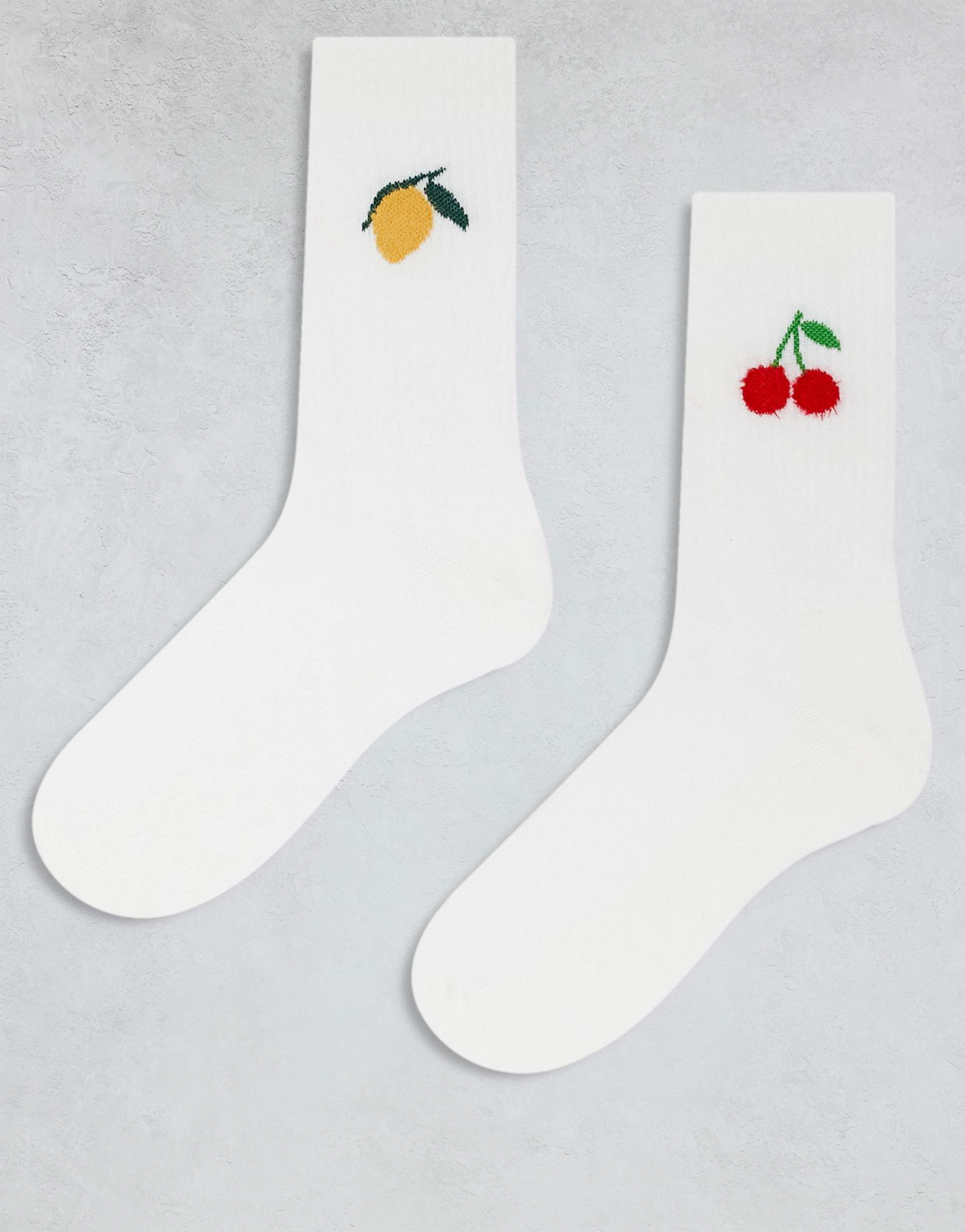 asos design 2 pack socks with lemon & cherry embroidery in white