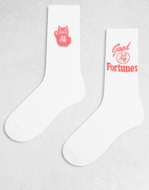 ASOS DESIGN 2 pack socks with lucky cat graphic in white - view 1