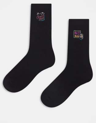 Asos Design 2 Pack Socks With Neon Sign Embroidery Socks In Black