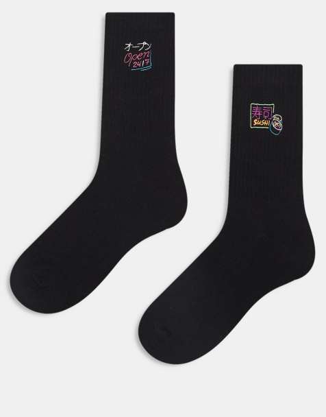 ASOS DESIGN 2 pack socks with neon sign embroidery socks in white - view 1