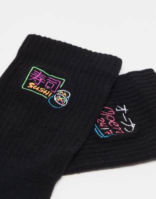 Asos Design 2 Pack Socks With Neon Sign Embroidery Socks In Black