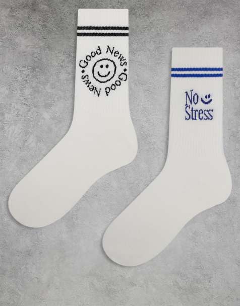 ASOS DESIGN 2 pack socks with no stress artwork in white - view 1