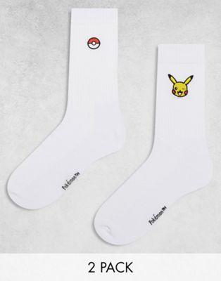 ASOS DESIGN 2 pack socks with Pokemon embroidery in white