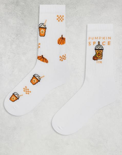 ASOS DESIGN 2 pack socks with pumpkin spice graphics in white - view 1