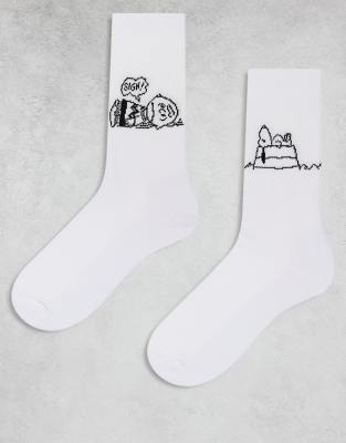 ASOS DESIGN 2 pack socks with Snoopy and Charlie artwork in white