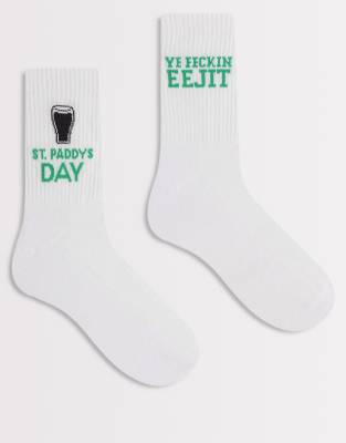 Asos Design 2 Pack Socks With St Patrick's Day Graphics In White