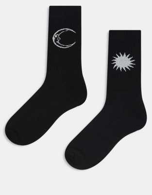 ASOS DESIGN 2 pack socks with sun and moon embroidery in black