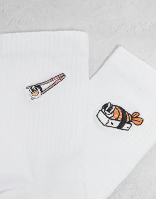 Asos Design 2-pack Socks With Sushi Embroidery In White