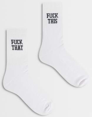Asos Design 2 Pack Socks With Swear Word Graphic In White