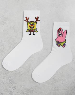 Asos Design 2 Pack Spongebob Christmas Socks In White