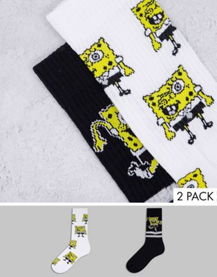 ASOS DESIGN 2 pack Spongebob dancing sports socks in white