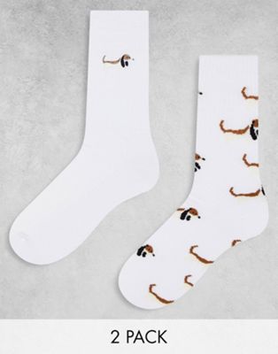 ASOS DESIGN 2 pack sport socks in white with dog print and embroidery