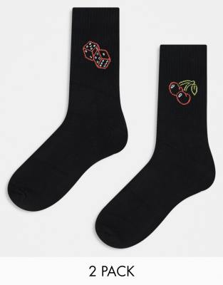 Asos Design 2 Pack Sport Sock With Dice And Cherry Artwork In Black