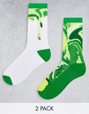 ASOS DESIGN 2 pack sports sock in green with oil affect print