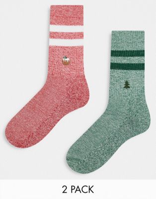 ASOS DESIGN 2 pack sports socks with Christmas embroidery in red and green