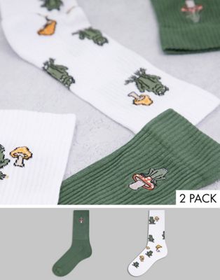 ASOS DESIGN 2 pack sports socks with frog and mushroom design