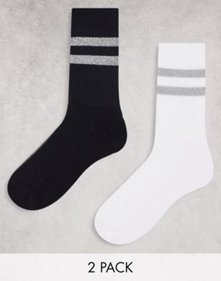 ASOS DESIGN 2 pack sports socks with metallic double stripe in black and white - ASOS Price Checker