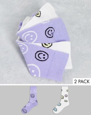 ASOS DESIGN 2 pack sports socks with multicoloured all over happy faces