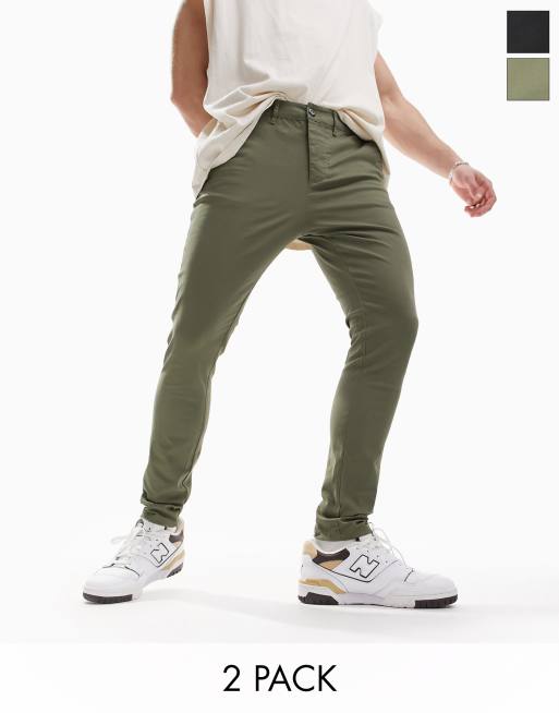 ASOS DESIGN 2 pack spray on chinos in black and dark khaki