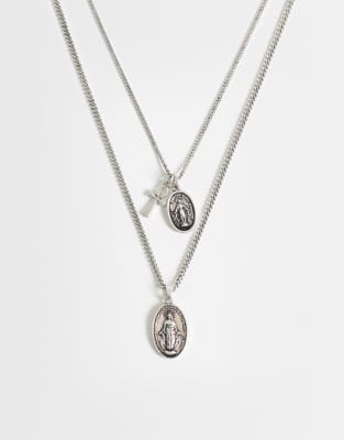 Asos Design 2 Pack St Mary And Cross Multi Pendant Necklace In Metallic