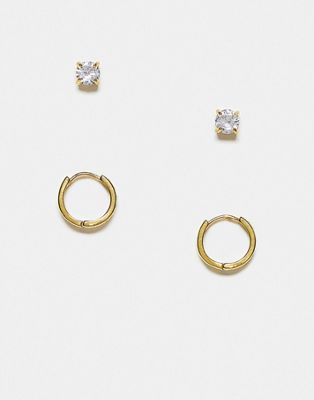 ASOS DESIGN 2 pack stainless steel hoop and stud earrings pack with crystals in gold tone