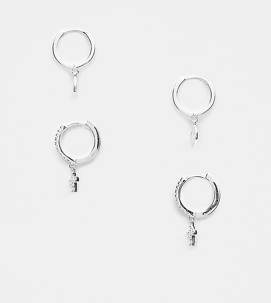 2 pack sterling silver hoop earrings set with cross and coin-Multi