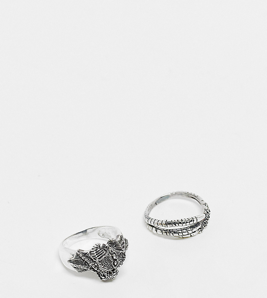 ASOS DESIGN 2 pack sterling silver ring set with dragon and claw in silver tone