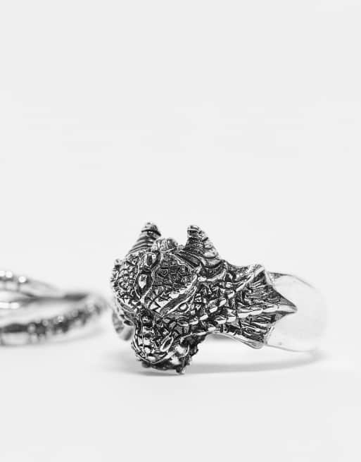 ASOS DESIGN 2 pack sterling silver ring set with dragon and claw in silver tone, 3 of 4
