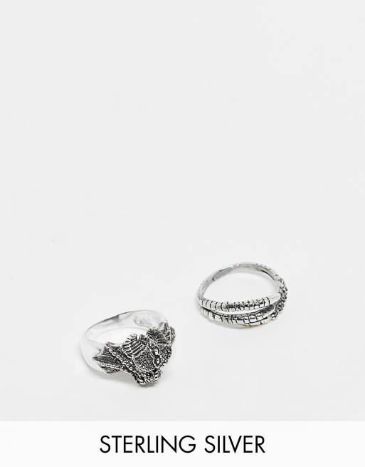 ASOS DESIGN 2 pack sterling silver ring with dragon and claw in silver tone
