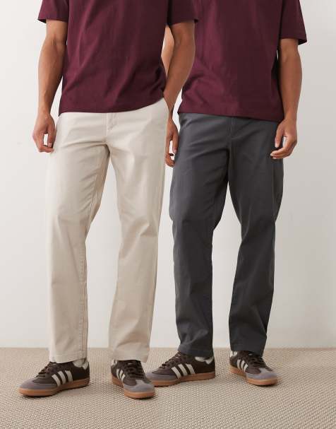 ASOS DESIGN 2 pack straight chinos in charcoal and stone - view 1