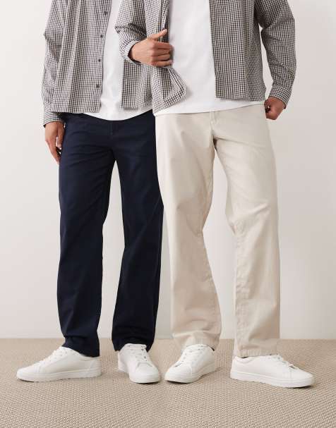 ASOS DESIGN 2 pack straight chinos in navy and stone - view 1