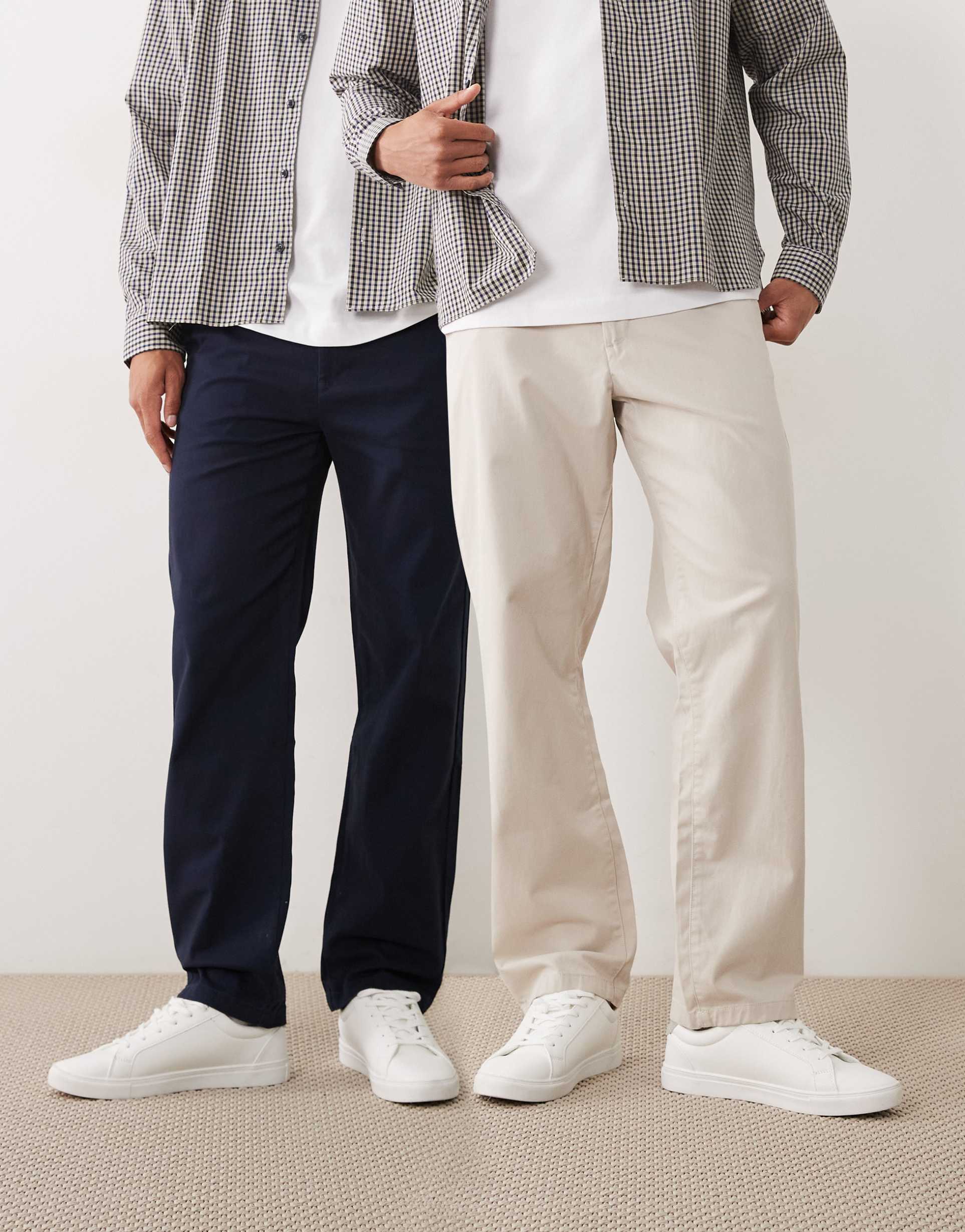 ASOS DESIGN 2 pack straight chinos in navy and stone