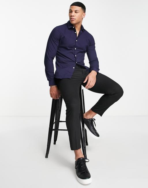 ASOS DESIGN 2 pack stretch slim fit work shirt in navy/grey SAVE