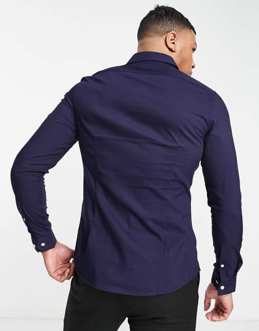 ASOS DESIGN 2 pack stretch slim fit work shirt in navy/ grey, 2 of 4