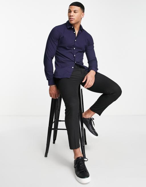 ASOS DESIGN 2 pack stretch slim fit work shirt in navy/ grey, 4 of 4