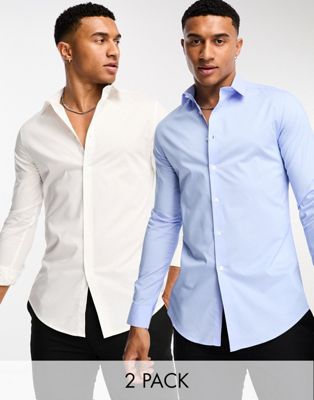 ASOS DESIGN 2 pack stretch slim fit work shirt in white / blue save - ASOS Price Checker