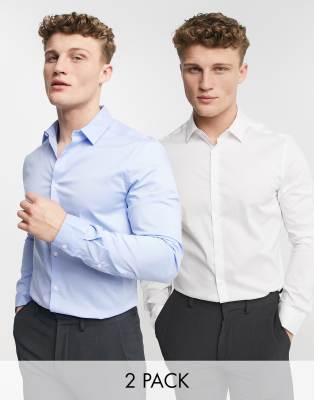 ASOS DESIGN 2 pack stretch slim fit work shirt in white / blue save