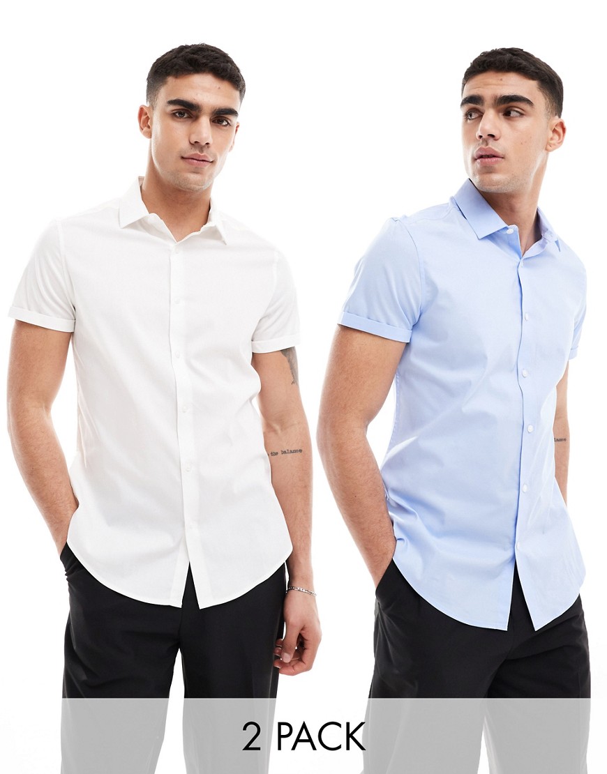 ASOS DESIGN 2 pack stretch slim fit work shirt in white/blue-Multi