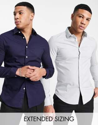 Asos Design 2-pack Stretch Slim Fit Work Shirts In Navy & Gray - Save!-multi